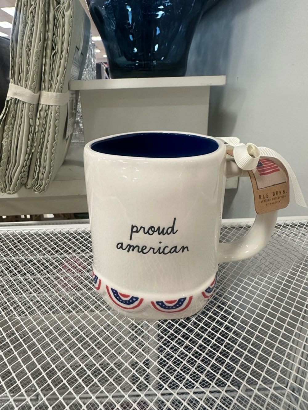 Rae Dunn Proud American Mug - White with Blue Interior and Red Accents